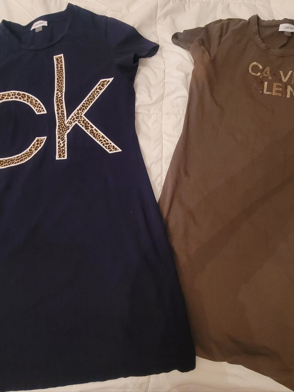 TWO Calvin Klein Navy & Olive Green Tee Dresses with Leopard Logo Detail - Picture 4 of 6